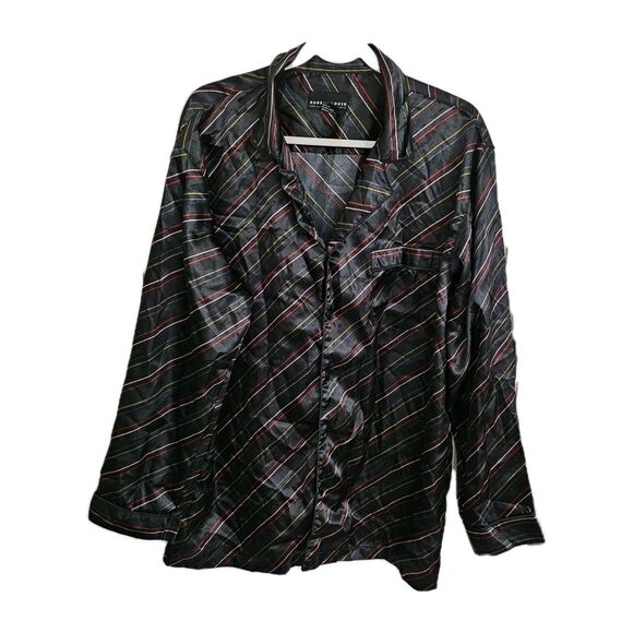 Robert Louis Pajama Shirt Mens Large Black Striped‎ PJ Top Silk Button-Up - Picture 1 of 8